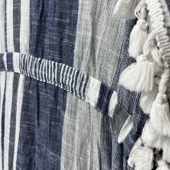 Blue Island Striped Crochet Trim Tassel Caftan Swim Cover Up Dress Coastal Large - Picture 7 of 12